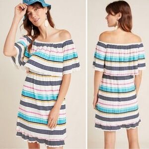 Anthropologie Bethany Striped Off-Shoulder Dress Size L Tiered Colorful Summer